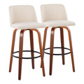 Toriano 30" Mid-Century Modern Fixed Height Barstool with Swivel in Walnut Wood and Cream Noise Fabric with Round Black Metal Footrest- Set of 2 — pair view