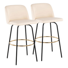 Toriano 30" Contemporary Fixed-Height Barstool with Swivel in Cream Faux Leather and Black Metal with Round Gold Footrest- Set of 2 — pair view