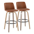 Toriano 30" Contemporary Fixed-Height Barstool with Swivel in Light Grey Wood and Camel Faux Leather with Round Black Metal Footrest- Set of 2 — pair view