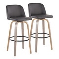 Toriano 30" Contemporary Fixed-Height Barstool with Swivel in Light Grey Wood and Grey Faux Leather with Round Black Metal Footrest- Set of 2 — pair view