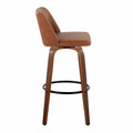 Tintori bar stool in Walnut Wood, Camel PU, Black Metal, side view, featuring swivel and wood frame