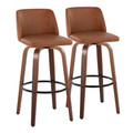 Toriano 30" Mid-Century Modern Fixed-Height Barstool with Swivel in Walnut Wood and Camel Faux Leather with Round Black Metal Footrest- Set of 2 — pair view