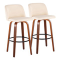 Toriano 30" Mid-Century Modern Fixed-Height Barstool with Swivel in Walnut Wood and Cream Faux Leather with Round Black Metal Footrest- Set of 2 — pair view