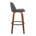 Tintori bar stool in Walnut Wood, Grey PU, Black Metal, side view, featuring swivel and metal footrest