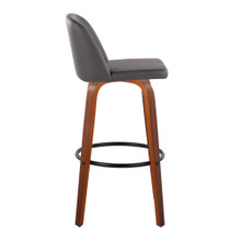 Tintori bar stool in Walnut Wood, Grey PU, Black Metal, side view, featuring swivel and metal footrest