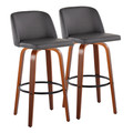 Toriano 30" Mid-Century Modern Fixed-Height Barstool with Swivel in Walnut Wood and Grey Faux Leather with Round Black Metal Footrest- Set of 2 — pair view