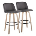 Toriano 30" Contemporary Fixed-Height Barstool with Swivel in Whitewashed Wood and Grey Faux Leather with Round Black Metal Footrest- Set of 2 — pair view