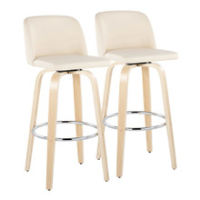 Toriano 30" Contemporary Fixed-Height Barstool with Swivel in Natural Wood and Cream Faux Leather with Round Chrome Metal Footrest- Set of 2 — pair view