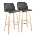 Toriano 30" Contemporary Fixed-Height Barstool with Swivel in Natural Wood and Grey Faux Leather with Round Chrome Metal Footrest- Set of 2 — pair view