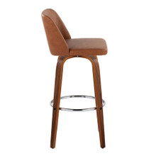 Tintori bar stool in Walnut Wood, Camel PU, Chrome Metal, side view, featuring swivel and wood frame