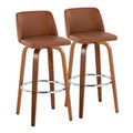 Toriano 30" Mid-Century Modern Fixed-Height Barstool with Swivel in Walnut Wood and Camel Faux Leather with Round Chrome Metal Footrest- Set of 2 — pair view