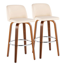 Toriano 30" Mid-Century Modern Fixed-Height Barstool with Swivel in Walnut Wood and Cream Faux Leather with Round Chrome Metal Footrest- Set of 2 — pair view