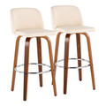 Toriano 30" Mid-Century Modern Fixed-Height Barstool with Swivel in Walnut Wood and Cream Faux Leather with Round Chrome Metal Footrest- Set of 2 — pair view