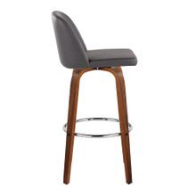 Tintori bar stool in Walnut Wood, Grey PU, Chrome Metal, side view, featuring swivel and wood frame