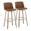 Toriano 30" Contemporary Fixed-Height Barstool with Swivel in Whitewashed Wood and Camel Faux Leather with Round Chrome Metal Footrest- Set of 2 — pair view