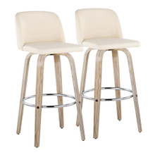 Toriano 30" Contemporary Fixed-Height Barstool with Swivel in Whitewashed Wood and Cream Faux Leather with Round Chrome Metal Footrest- Set of 2 — pair view