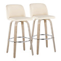 Toriano 30" Contemporary Fixed-Height Barstool with Swivel in Whitewashed Wood and Cream Faux Leather with Round Chrome Metal Footrest- Set of 2 — pair view