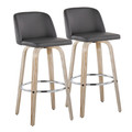 Toriano 30" Contemporary Fixed-Height Barstool with Swivel in Whitewashed Wood and Grey Faux Leather with Round Chrome Metal Footrest- Set of 2 — pair view