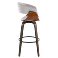 Vintage Mod bar stool in Black Metal, Walnut Wood, Stone Fabric, Walnut Glazed Wood, side view, featuring wood frame and metal footrest