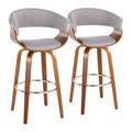 Vintage Mod 30" Mid-Century Modern Fixed-Height Barstool with Swivel in Walnut Wood and Stone Fabric with Round Chrome Metal Footrest- Set of 2 — pair view