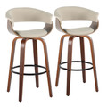 Vintage Mod 30" Mid-Century Modern Fixed-Height Barstool with Swivel in Walnut Wood and Cream Fabric with Round Black Metal Footrest- Set of 2 — pair view