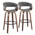 Vintage Mod 30" Mid-Century Modern Fixed-Height Barstool with Swivel in Walnut Wood and Light Grey Fabric with Round Black Metal Footrest- Set of 2 — pair view