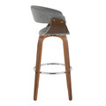 Vintage Mod bar stool in Walnut Wood, Chrome Metal, Light Grey Fabric, side view, featuring swivel and upholstered seat