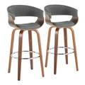 Vintage Mod 30" Mid-Century Modern Fixed-Height Barstool with Swivel in Walnut Wood and Light Grey Fabric with Round Chrome Metal Footrest- Set of 2 — pair view