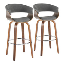 Vintage Mod 30" Mid-Century Modern Fixed-Height Barstool with Swivel in Walnut Wood and Light Grey Fabric with Round Chrome Metal Footrest- Set of 2 — pair view