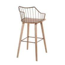 Winston bar stool in Whitewashed Wood, Antique Copper Metal, back and side view, featuring metal footrest