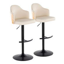 Ahoy Contemporary Adjustable Barstool with Swivel in Black Metal, Natural Bamboo Wood and Cream Faux Leather with Rounded T Footrest- Set of 2 — pair view