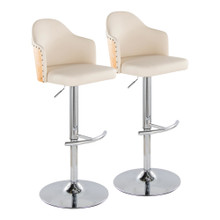 Ahoy Contemporary Adjustable Barstool with Swivel in Chrome Metal, Natural Bamboo Wood and Cream Faux Leather with Rounded T Footrest- Set of 2 — pair view