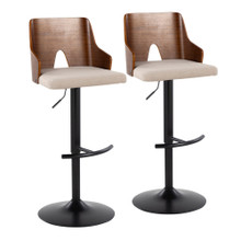 Ariana Mid-Century Modern Adjustable Barstool Stool with Swivel in Black Metal, Walnut Wood and Beige Fabric with Rounded "t" Footrest- Set of 2 — pair view