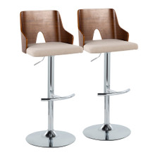 Ariana Mid-Century Modern Adjustable Barstool Stool with Swivel in Chrome Metal, Walnut Wood and Beige Fabric with Rounded "t" Footrest- Set of 2 — pair view