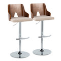 Ariana Mid-Century Modern Adjustable Barstool Stool with Swivel in Chrome Metal, Walnut Wood and Beige Fabric with Rounded "t" Footrest- Set of 2 — pair view