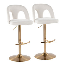 Ava Upholstered Contemporary Adjustable Barstool in Gold Metal and Snow White Fabric with Rounded T Footrest- Set of 2 — pair view