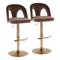 Ava Upholstered Contemporary Adjustable Barstool in Gold Metal and Espresso Velvet with Rounded T Footrest- Set of 2 — pair view