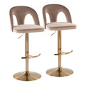 Ava Upholstered Contemporary Adjustable Barstool in Gold Metal and Taupe Velvet with Rounded T Footrest- Set of 2 — pair view