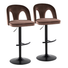 Ava Upholstered Contemporary Adjustable Barstool in Black Metal and Espresso Velvet with Rounded T Footrest- Set of 2 — pair view