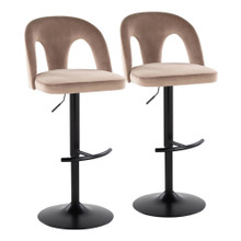 Ava Upholstered Contemporary Adjustable Barstool in Black Metal and Taupe Velvet with Rounded T Footrest- Set of 2 — pair view