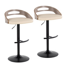 Cassis Contemporary Adjustable Barstool with Swivel in Black Metal, Light Grey Wood and Cream Faux Leather with Round T Footrest- Set of 2 — pair view
