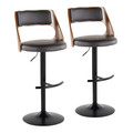 Cecina Contemporary Adjustable Barstool with Swivel in Black Metal, Walnut Wood, and Brown Faux Leather with Rounded T Footrest- Set of 2 — pair view