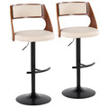 Cecina Contemporary Adjustable Barstool with Swivel in Black Metal, Walnut Wood, and Cream Faux Leather with Rounded T Footrest- Set of 2 — pair view