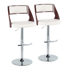 Cecina Mid-Century Modern Adjustable Barstool with Swivel in Chrome Metal, Mahogany Wood, and White Faux Leather with Rounded T Footrest- Set of 2 — pair view