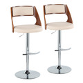 Cecina Mid-Century Modern Adjustable Barstool with Swivel in Chrome Metal, Walnut Wood, and Cream Faux Leather with Rounded T Footrest- Set of 2 — pair view