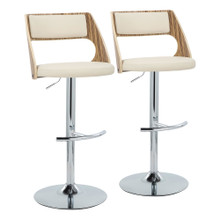 Cecina Mid-Century Modern Adjustable Barstool with Swivel in Chrome Metal, Zebra Wood, and Cream Faux Leather with Rounded T Footrest- Set of 2 — pair view