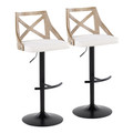 Charlotte Farmhouse Adjustable Barstool in Black Metal, Whitewashed Wood, and Cream Fabric with Rounded T Footrest- Set of 2 — pair view