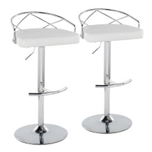 Charlotte Glam Adjustable Barstool with Swivel in Chrome Metal and White Faux Leather with Rounded T Footrest- Set of 2 — pair view