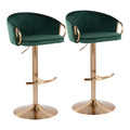 Claire Contemporary/Glam Adjustable Bar Stool in Gold Steel with Rounded T Footrest and Green Velvet- Set of 2 — pair view