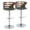 Cosi Mid-Century Modern Adjustable Barstool with Swivel in Chrome Metal, Walnut Wood and Charcoal Fabric with Round T Footrest- Set of 2 — pair view